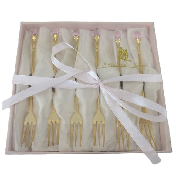 Gold Dessert Forks Joseph Sedgh Collection Pink Jewel Gift Box Set of 6 NIB - Picture 2 of 2